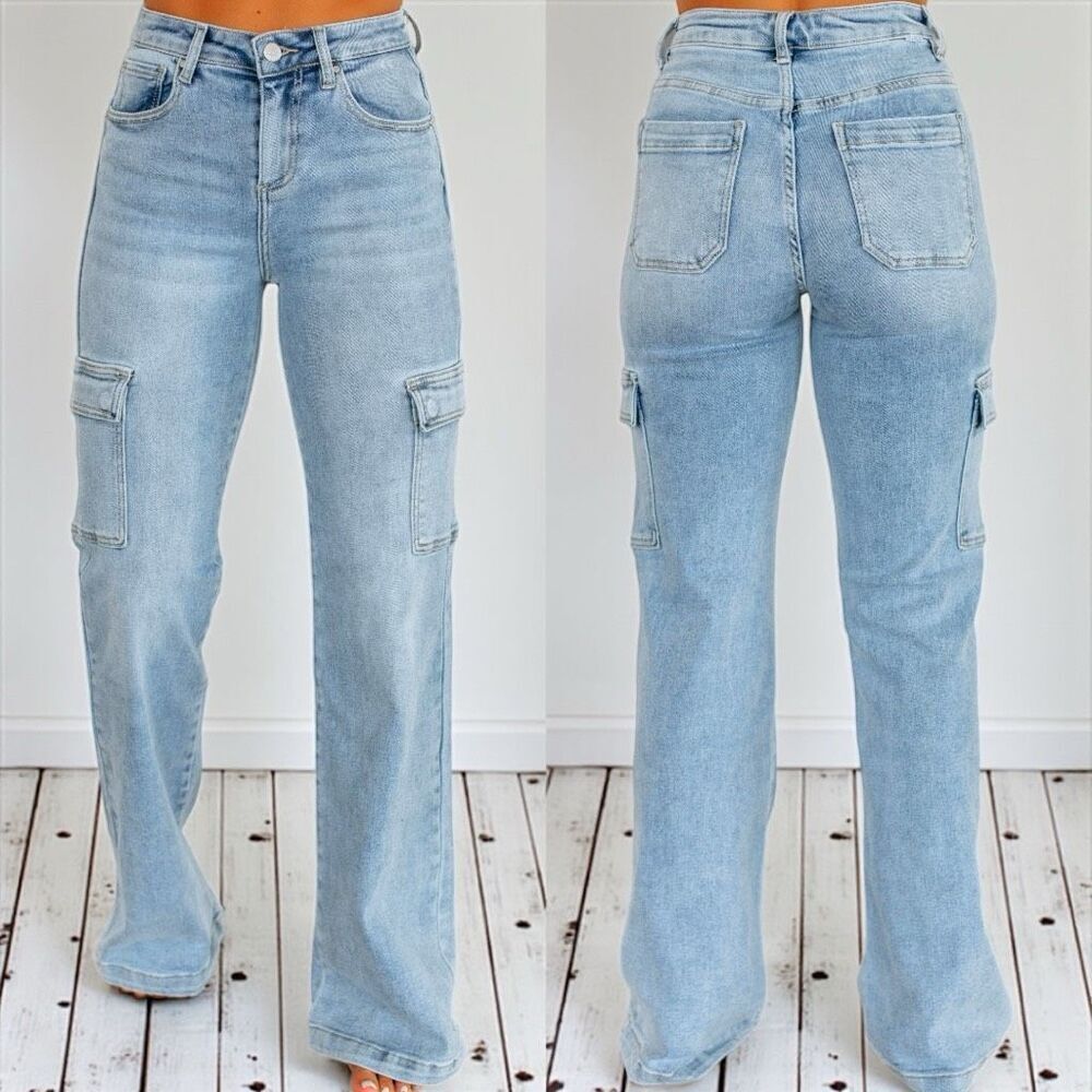 Risen High Rise Jeans Cargo Slim Flare Acid Wash 90s Utility Style – NWT - Picture 2 of 10